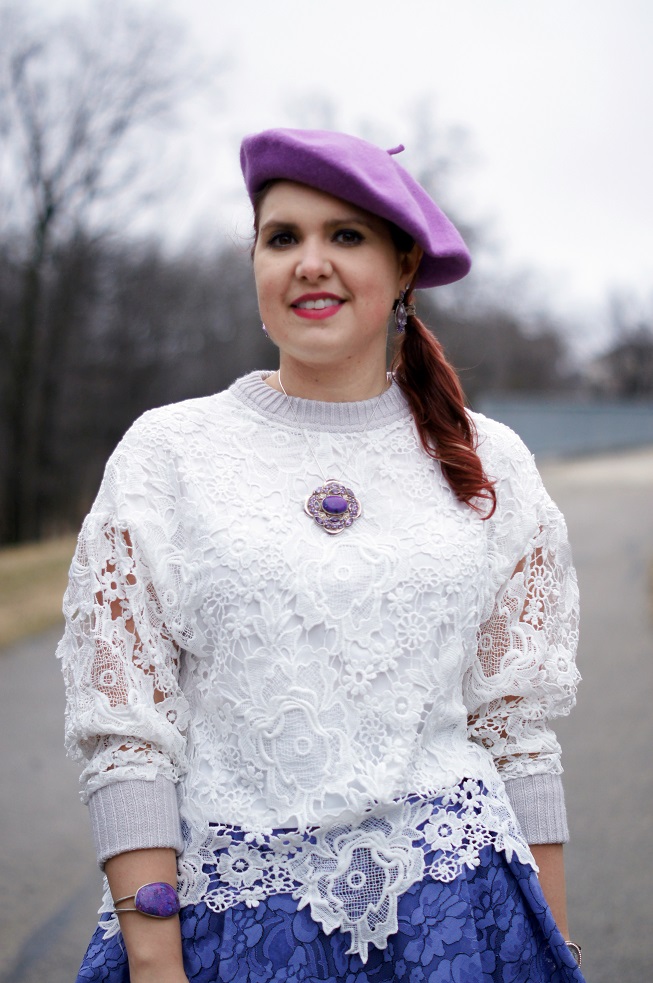Winnipeg Style blog fashion stylist, Chicwish purple violet lace organza skirt, Chicwish white crochet sweater, John Fluevog Ida Clark bellevues purple cream ankle boots, Silver purple turquoise jewelry, Spring 2016